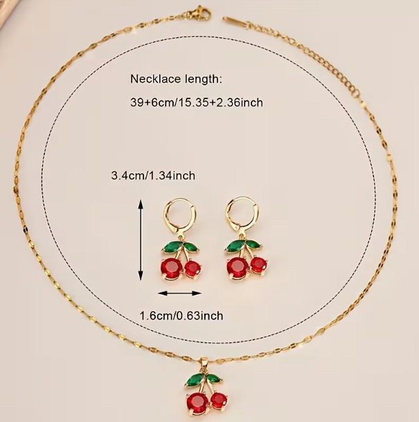 European and American Cross-Border Fashion New Red Diamond Cherry Pendant Versatile Elegant High-End Earrings Necklace Set