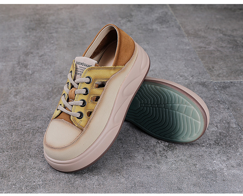 Giày sneaker nữ đế dày da bò thật thoáng khí phối màu mùa hè — Màu vàng chi tiết 12