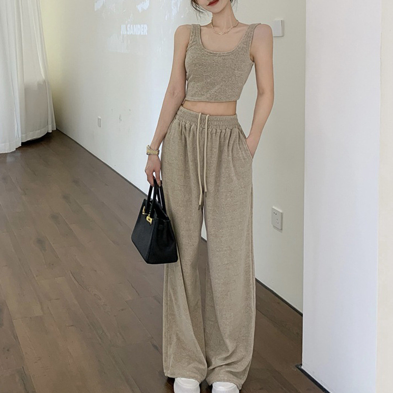Autumn Lazy Pure Desire Short Style with Naked Navel for Slimming Tank Top, High Waist, Hanging Wide Leg Pants,_voghion.com