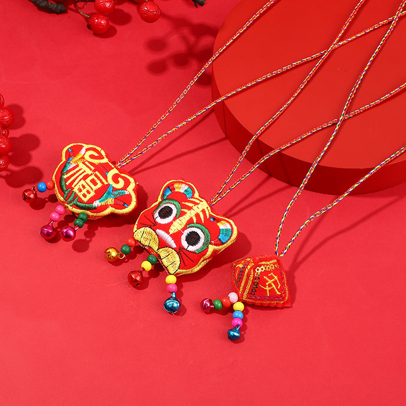 Dragon Boat Festival Colorful Rope Tiger Head Necklace Ethnic Wind Belt Bell Embroidery Long Life Lock Sachet Pendant Necklace Pendant