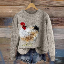 2024新款可爱斗鸡粗针毛衣数码印花3D圆领连帽衫粗针面料上衣女式
