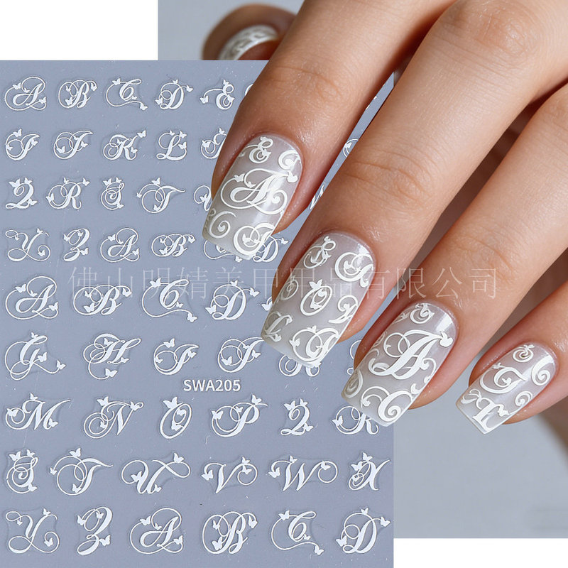 Cross-Border Nail Art Stickers Ins Foreign Trade Japanese Retro Black and White English Letters 3D Nail Adhesive Decoration Stickers