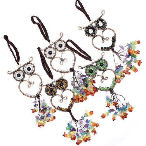 Foreign Trade Jewelry Wholesale Natural Colorful Crystal Bronze Owl Car Hanging Aventurine Crystal Keychain