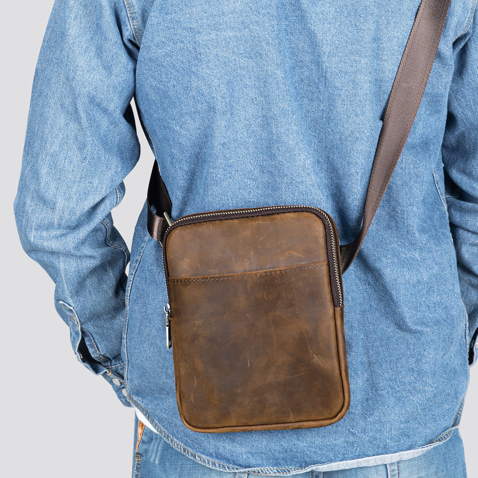 Túi đeo chéo nam da bò cao cấp 17×3×21,5 cm — 6124 Đen (hoa văn vải), Cà phê, Màu nâu sẫm, màu nâu