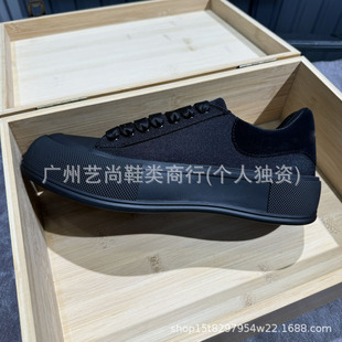 European Mcqueen Canvas Shoes Pure Black Black Warrior Men's Shoes Platform Thick-Soled Small Black Shoes Lace-Up Couple Casual Shoes
