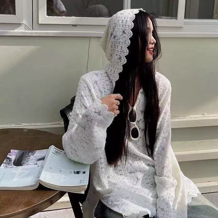 高级蕾丝中长打底衫气质钩花针织衫连帽长袖2025春秋新款宽松上衣|undefined