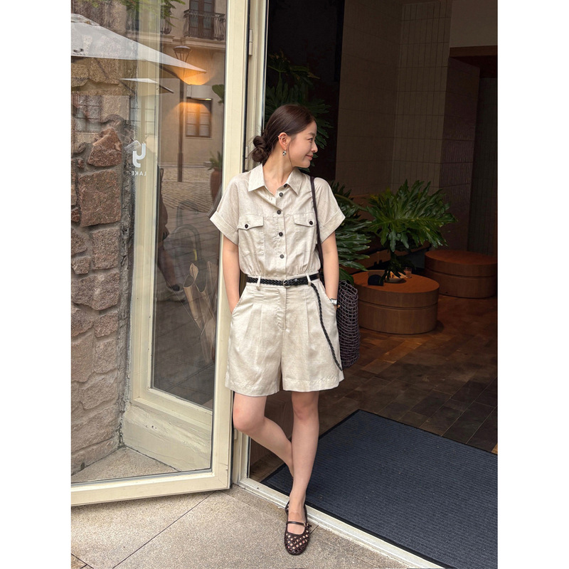 Han Xun Light Workwear French Style Shirt Collar Jumpsuit for Women 2026 Summer Elastic Waist Slimming Shorts 26845