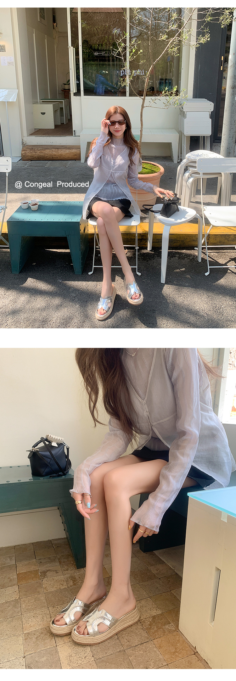 Dép sandal nữ quai chữ H đế đan rơm cao gót xuồng — màu trắng ngà, bạc chi tiết 13