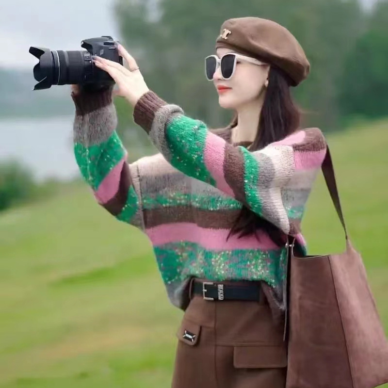 欧货女士复古气质慵懒风感彩色条纹套头针织衫内搭毛衣秋冬款