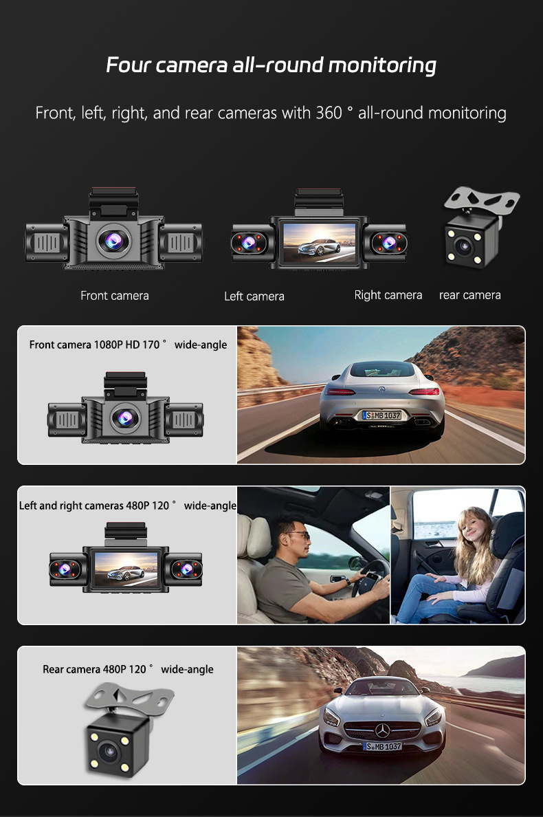 3inch Large-screen quad-recording dashcam with infrared night vision, gravity sensor, radar, parking sentinel, and in-car recorder