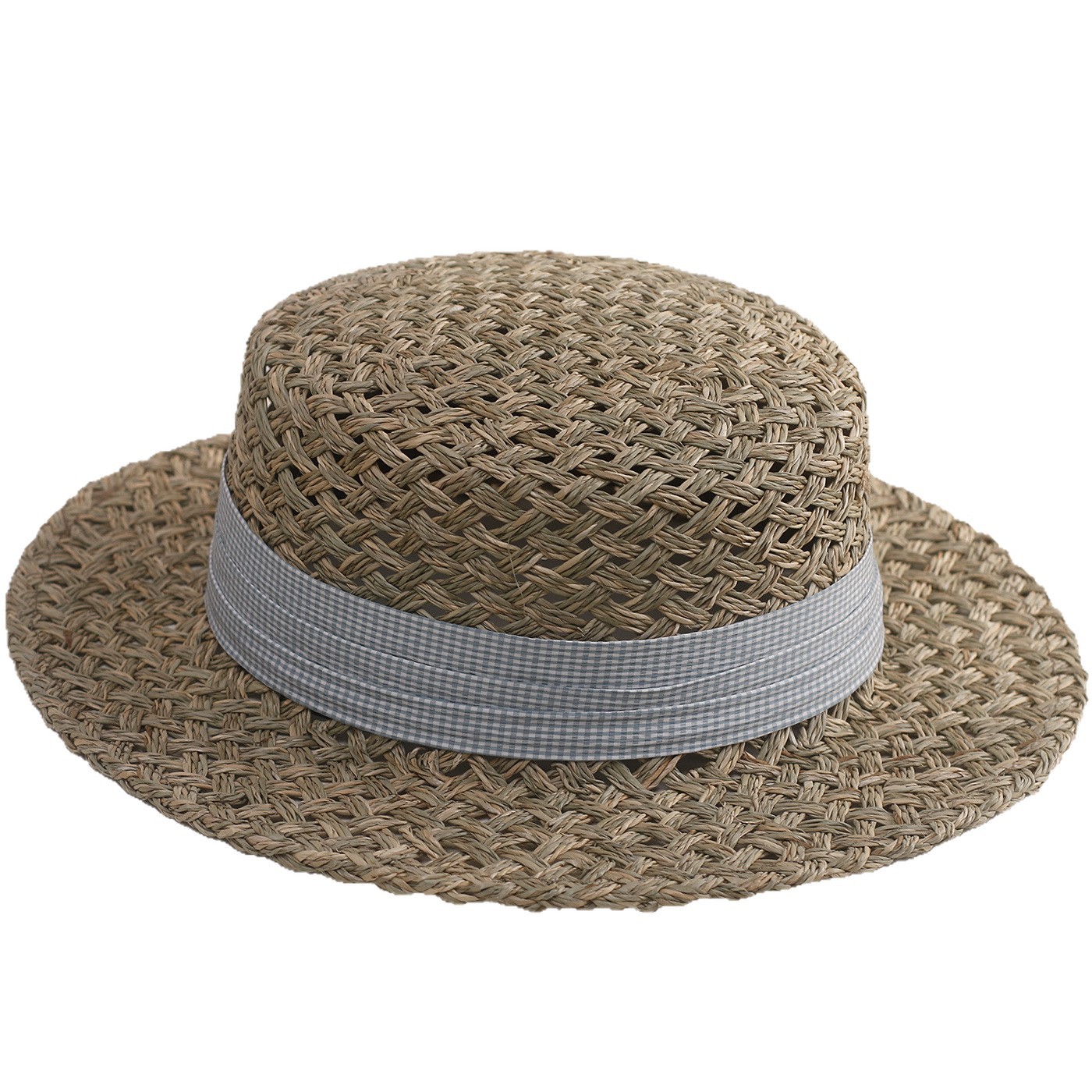 Mũ rơm dệt handmade vành rộng phong cách Pháp đi biển — Saltwater màu xanh kiểm tra ràng buộc