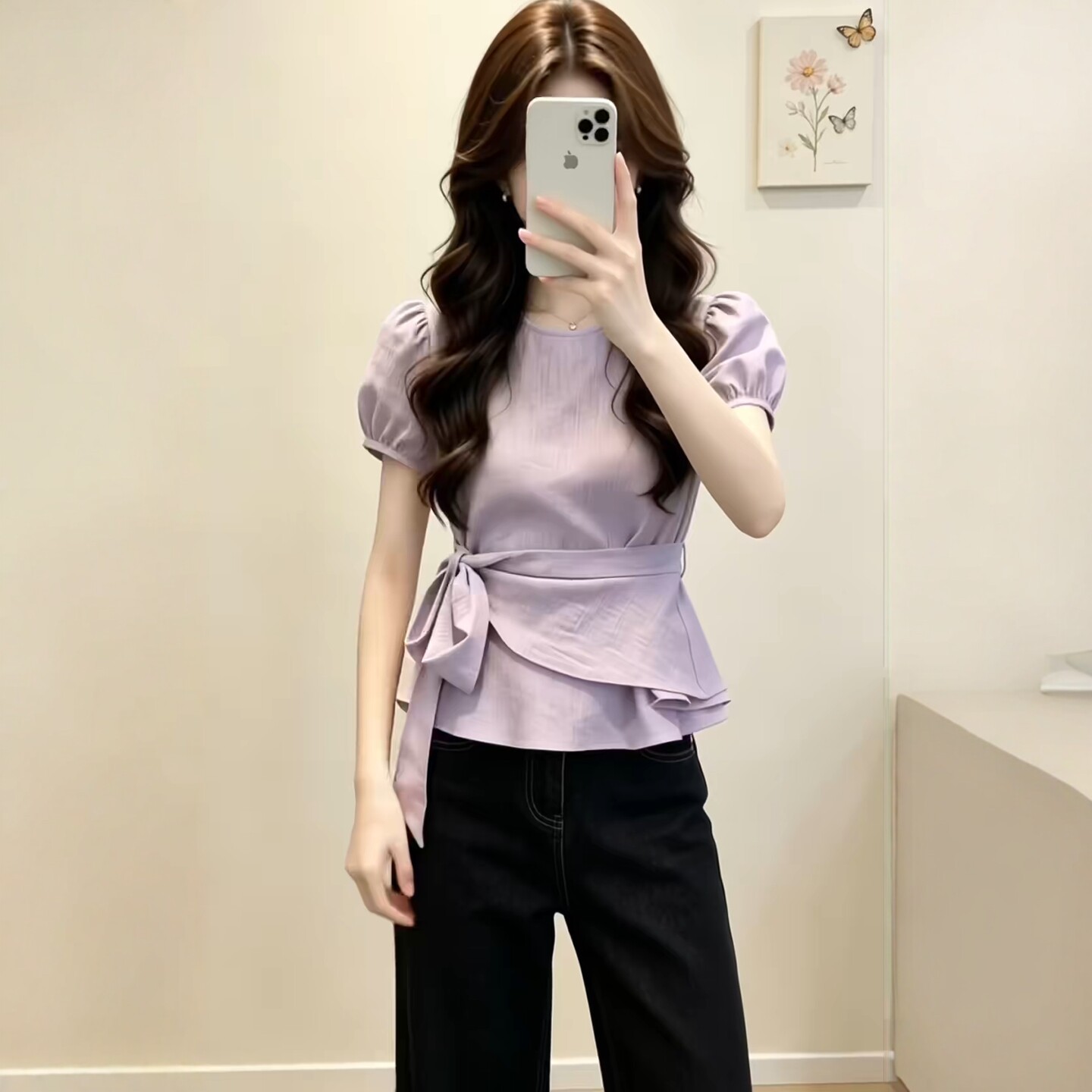 Áo sơ mi ngắn tay thiết kế thắt lưng eo, dáng suông nhẹ, phong cách Pháp — màu tím chi tiết 1