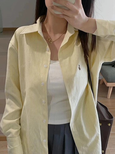 Striped POLO neck shirt for women in spring and autumn new style cardigan loose design, lazy style, sunscreen shirt, top, outside
