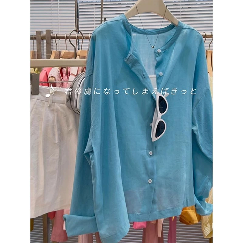 Официальная картина ленивый стиль, шикарный, красивый синий тонкий, дикий шелковый солнцезащитный рубашка с длинными рукавами