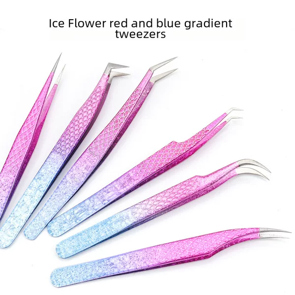 Wholesale Grafted Eyelashes, Fake Auxiliary Color Tweezers, Stainless Steel Ice Flower Style Red and Blue Gradient Eyelash Beauty Tools