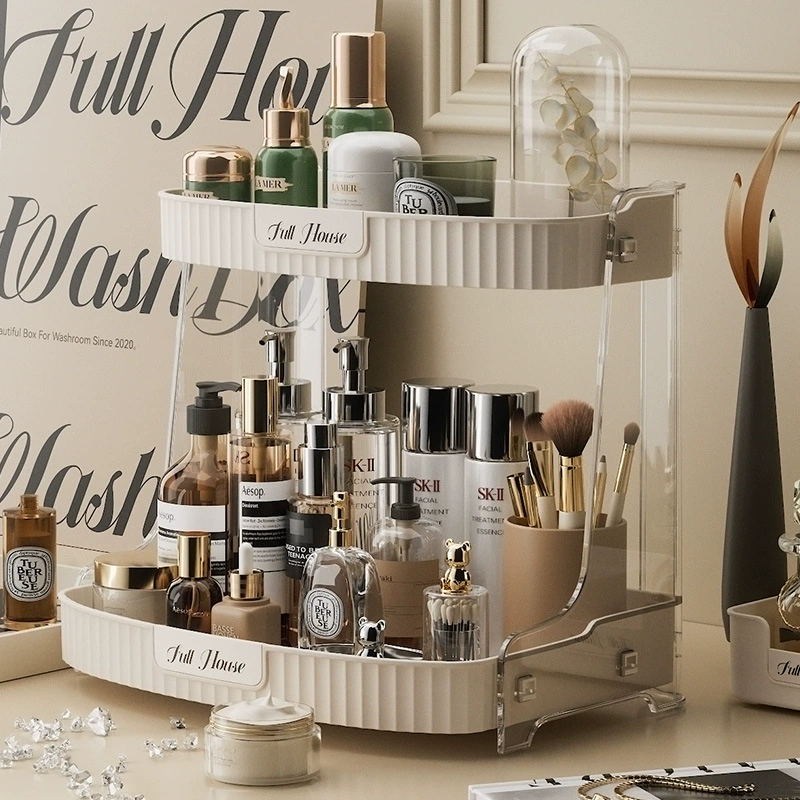 Cosmetic Storage Box 8001, Cream Dressing Table Organizer, Single or Double Layer, Light Luxury