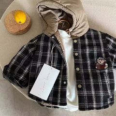 儿童2025夹棉外套棉外套男女童小熊连帽格子棉衣新款宝宝棉服加厚