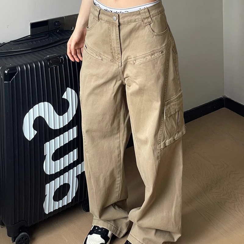 American Style Retro Design Multi-Pocket Logging Tooling Pants Trendy All-Match Loose Straight Casual Wide Leg Jeans Women
