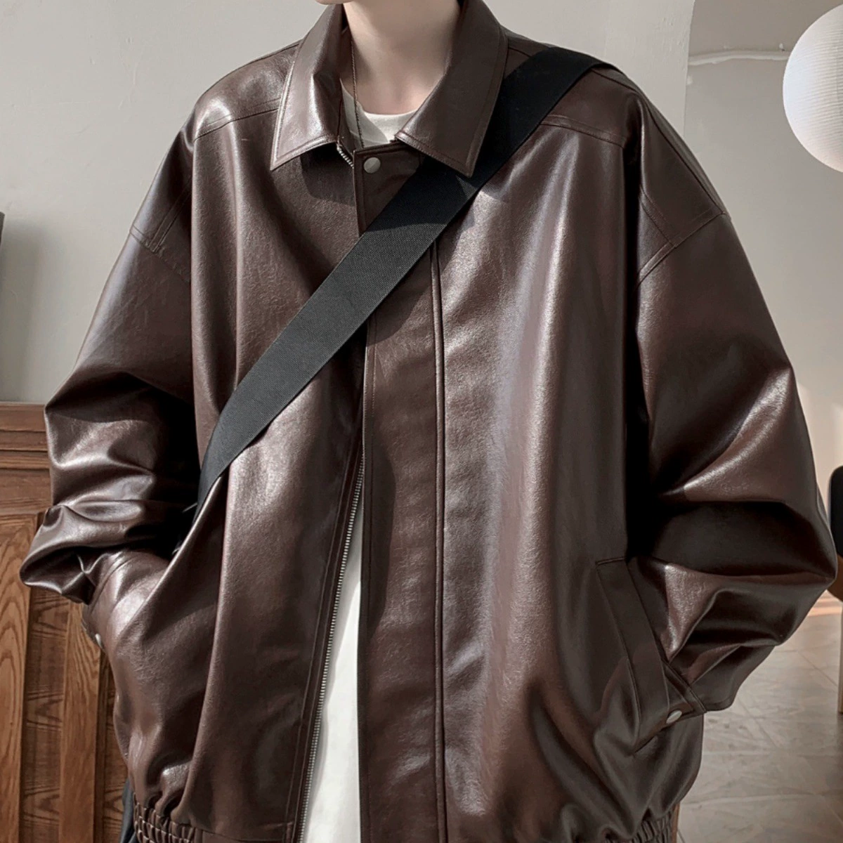 Американская ретро кожаная куртка для мужчин осень-зима высокого уровня чувство красивый прилив повседневная свободная кожаная куртка с лацканом