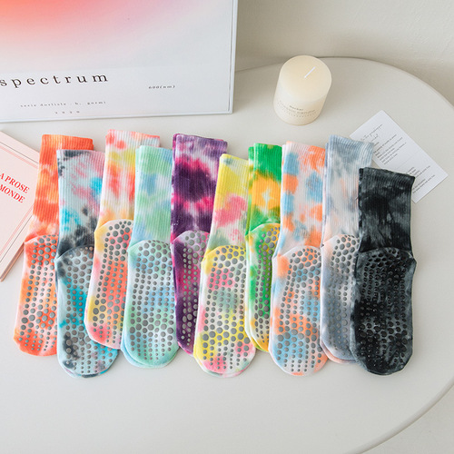 Pilates socks, professional non-slip socks, tie-dye mid-calf yoga socks, women's breathable spring and summer fitness sports socks, floor socks