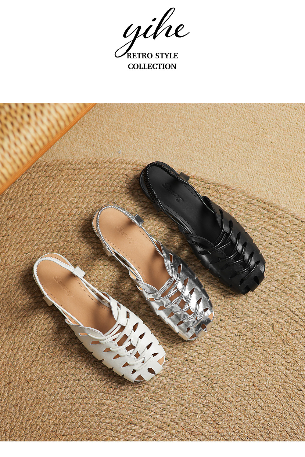 Dép sandal nữ da bò đế bệt dệt rỗng kiểu retro La Mã — đen chi tiết 17
