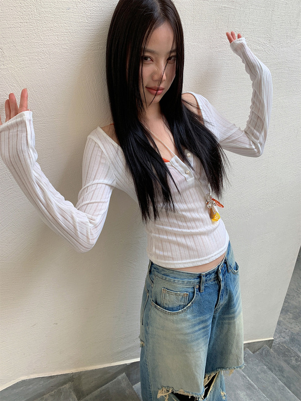 [9hour]アメリカンホットガールスタイル縦ストライプTシャツ2025春トップス女性用c9103|undefined