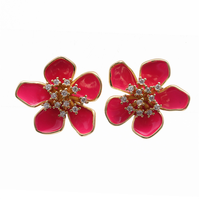 Creativo nuevo cobre gota aceite diamante flor pendientes simple moda oído joyería pendientes