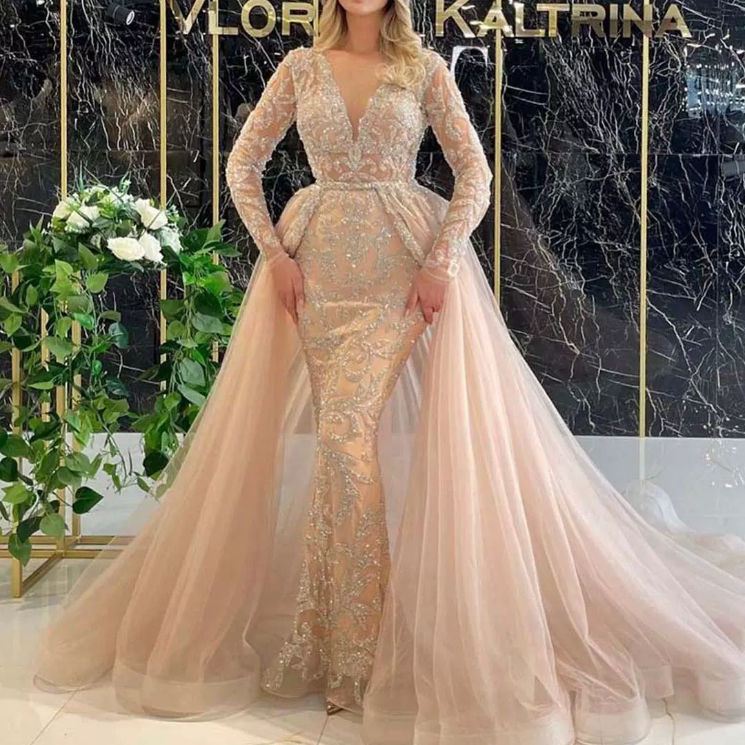 2025跨境春新款欧美女装婚纱连衣裙气质新娘拖尾法式简约长袖礼服
