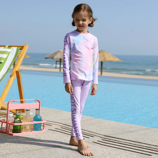 24 New Boys and Girls Cute Western Style Long Sleeve Trousers Split Printed Sunscreen Swimsuit