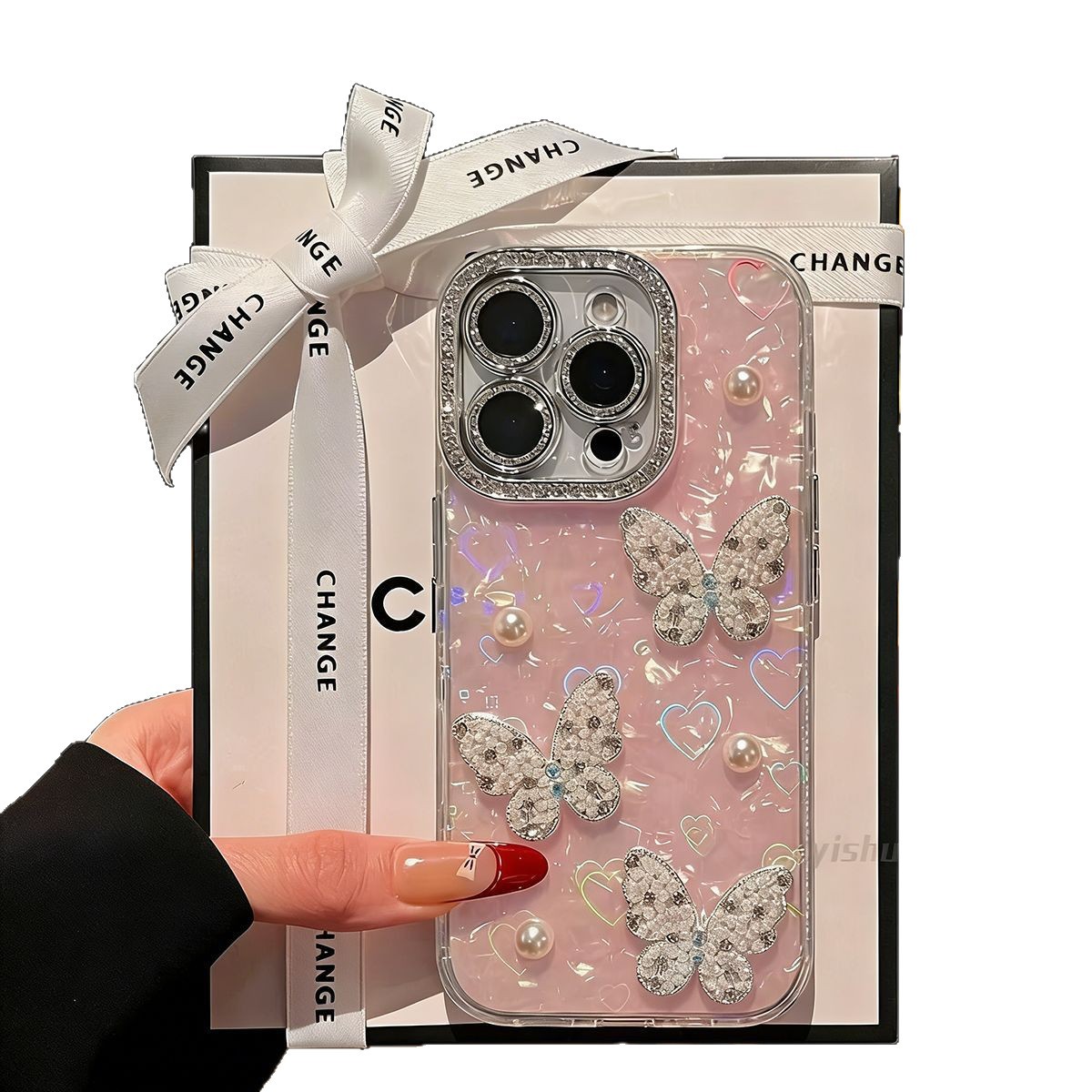 Agujero fino amor conchas mariposa de perla para Apple 17 proMax caso de teléfono iPhone 15 13 / 4