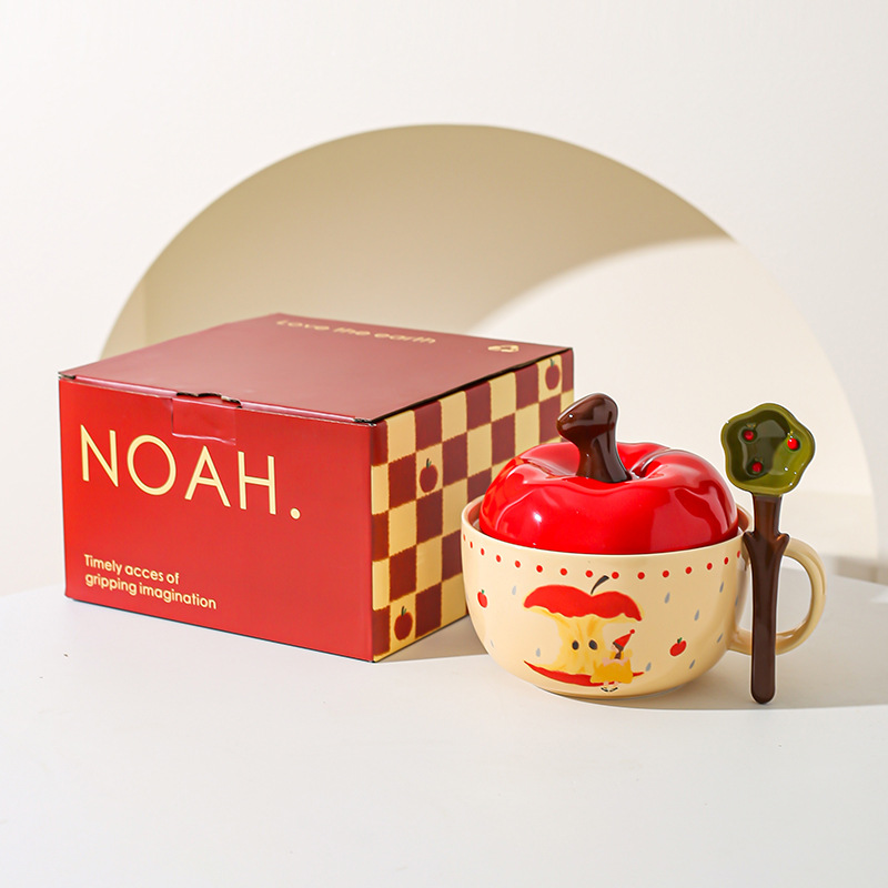 Tazón de cerámica de manzana creativo de alto valor de cara con cuchara de cubierta roja, tazón de fideos, regalo de Navidad para chicas.