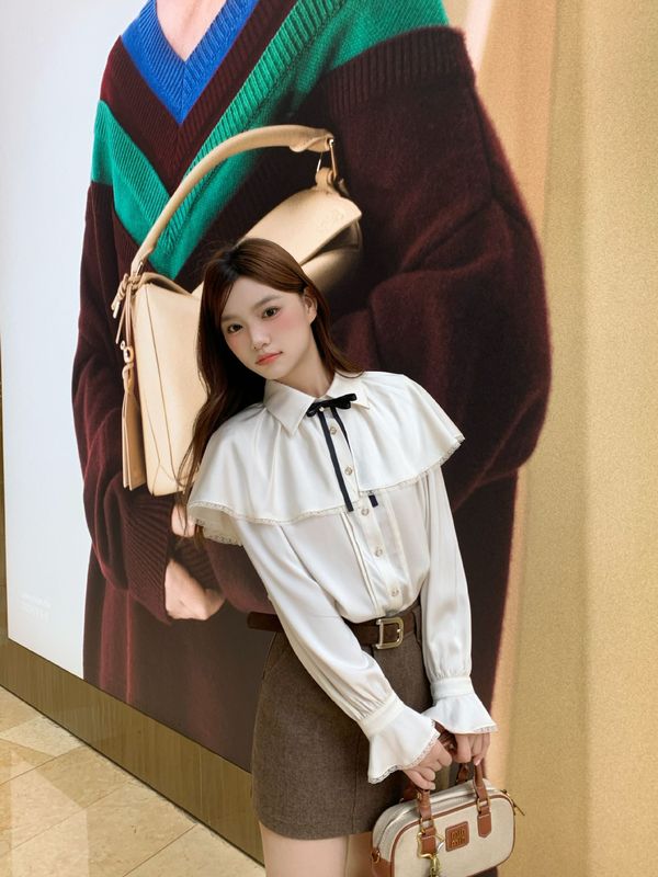 topchanlin2025十三行秋法式翻领斗篷设计垂感喇叭袖衬衣雪纺衫女|undefined