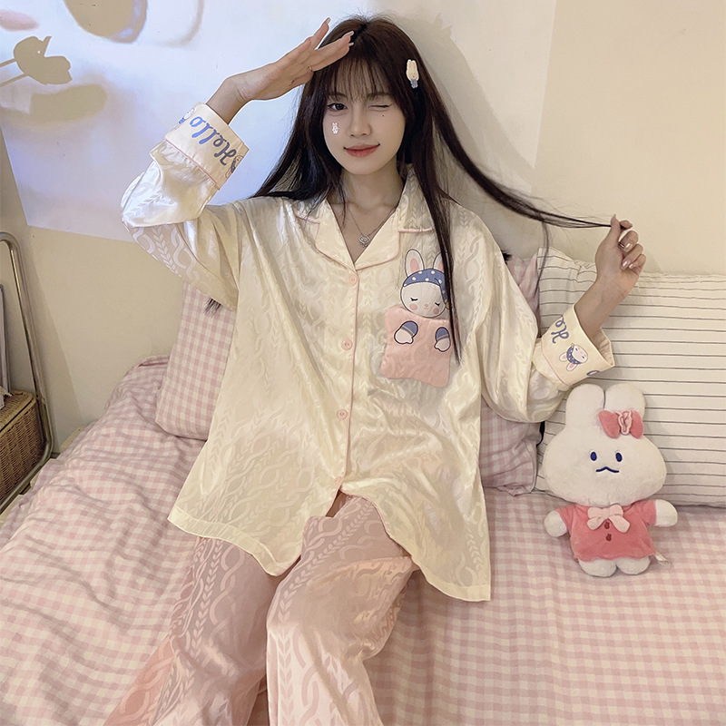 Linda dulce chica pijamas de las mujeres seda del hielo la solapa cardigan manga larga Otoño e Invierno Nueva Historieta ocasional desgaste en casa traje