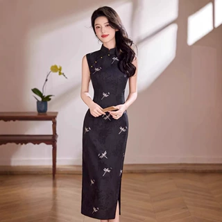 2026春夏新款旗袍新中式国风黑色无袖蜻蜓印花旗袍高贵气质女旗袍