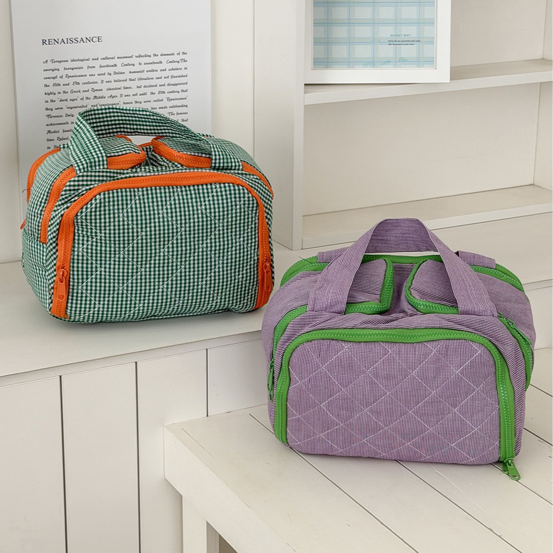 Cross-border green and purple checkered puff-shaped handbag, color-blocked checkered design, large capacity, portable travel toiletry bag.