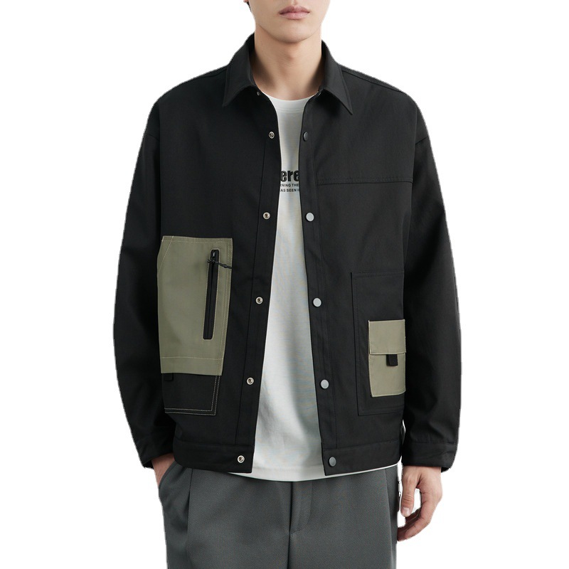 WOOG2005 chaqueta de solapa negra de los hombres 2024 primavera nueva moda costura herramientas chaqueta casual hombres