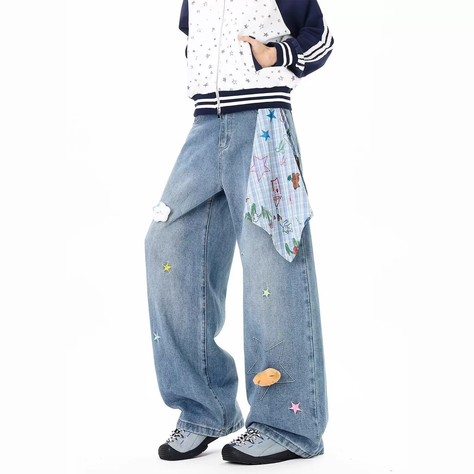 多巴胺星星刺绣弯刀牛仔裤女男春季复古做旧阔腿裤宽松百搭休闲裤