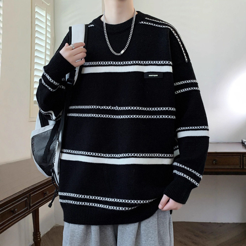 撞色条纹毛衣男冬季加厚保暖打底衫男士针织衫青少年慵懒风毛线衣