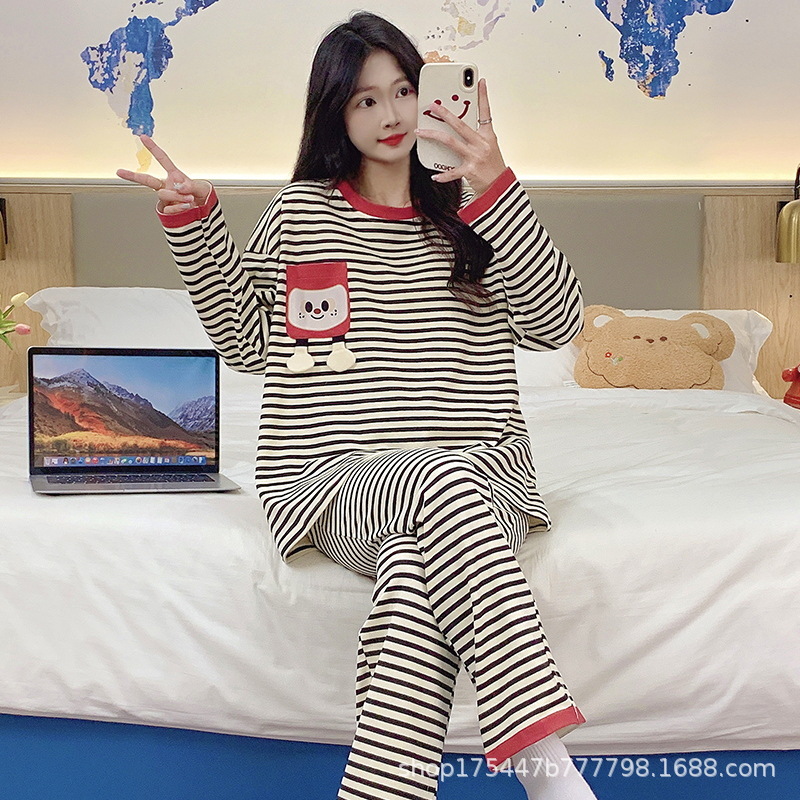 Pajamas for Women with Chest Pad Wear-Free Bra Spring and Autumn Long-Sleeved Women's Round Neck Outer Wearing Autumn and Winter Home Clothes suit