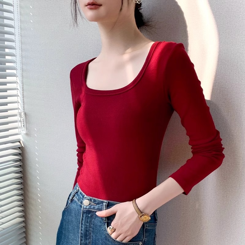 Square Collar Shoulder Long-sleeved T-shirt Women's 2024 Early Autumn New Leaky Collarbone Inner Ran Cotton Small Base Shirt Top