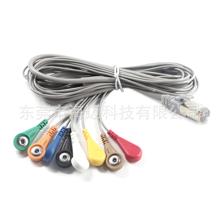 可OEM一拖八4.0电极母扣导联线 RJ45转电极扣脑电波信号理疗线