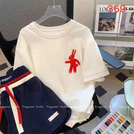 款减龄兔子短袖恤套装女夏季设计感小众宽松短裤两件套女