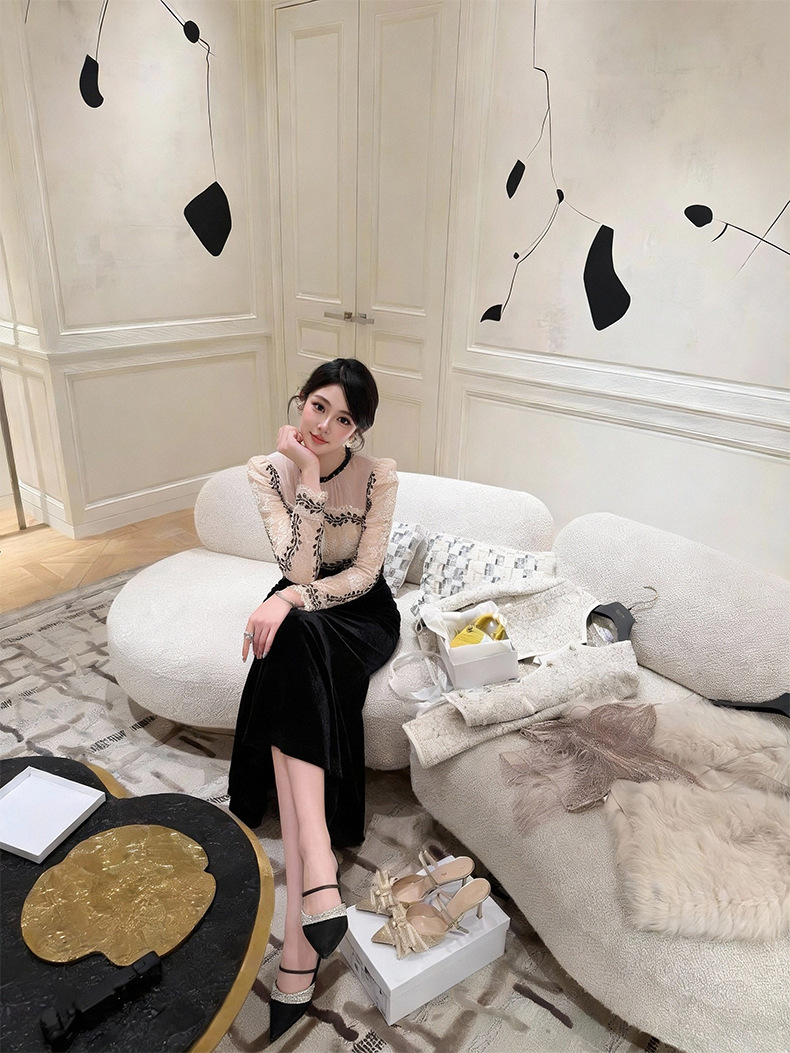 Đầm ôm body nữ phong cách Pháp cổ tròn đính đá, tay lưới xuyên thấu, dáng dài — đen chi tiết 7