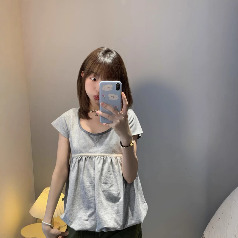In-Stock 26 Spring/Summer New Lace Trim Flutter Sleeve Round Neck Ruched Short Sleeve Cute T-Shirt Women's Top In-Stock 26 Spring/Summer New Lace Trim Flutter Sleeve Round Neck Ruched Short Sleeve Cute T-Shirt Women's Top