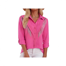 2025跨境外贸亚马逊独立站夏季女士流梳羽毛印花长袖衬衫女装上衣