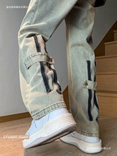 设计感牛仔裤男款秋季2025新款美式高街痞帅宽松大码阔腿直筒裤子