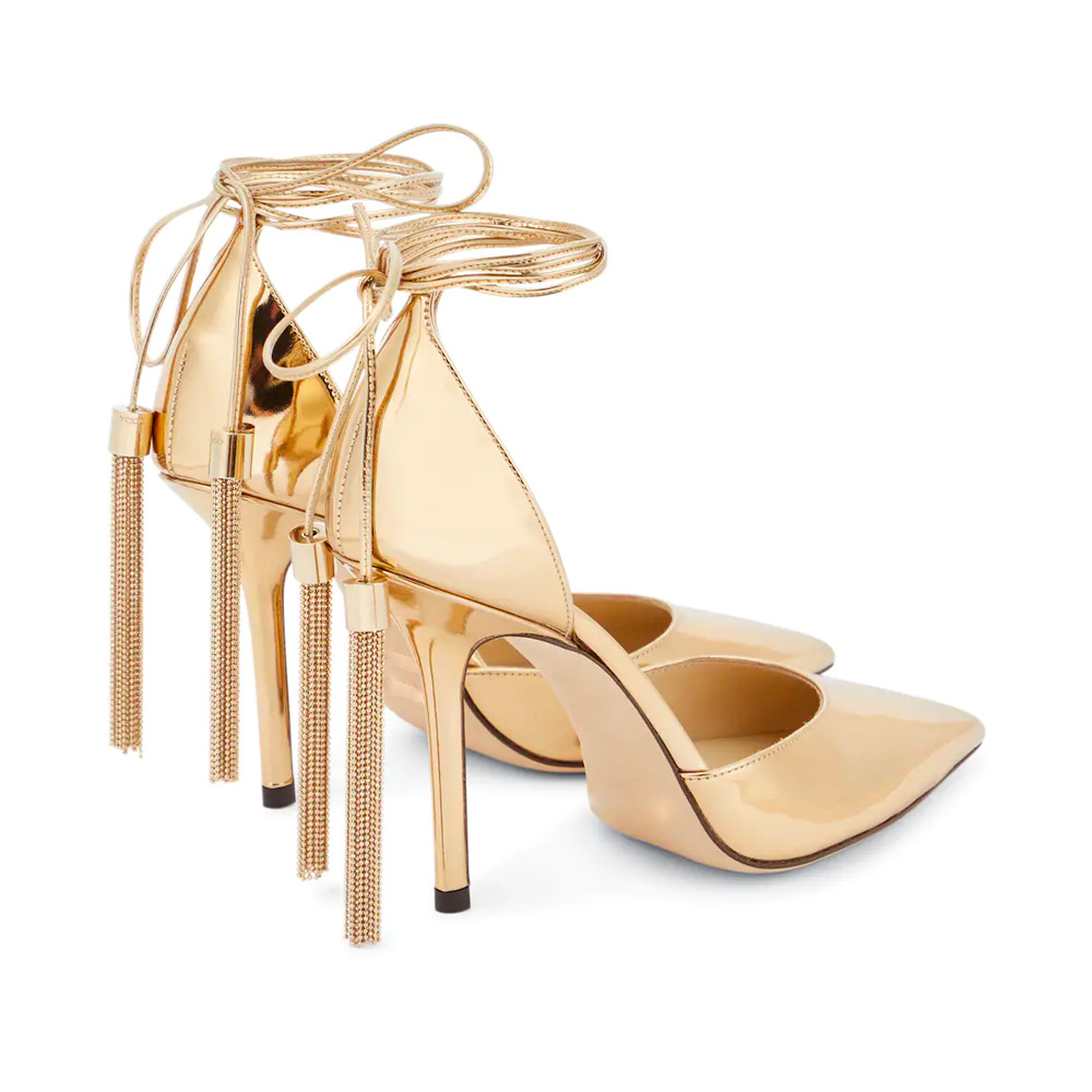 fashionable golden belt pointed-toe with tassels stiletto heels