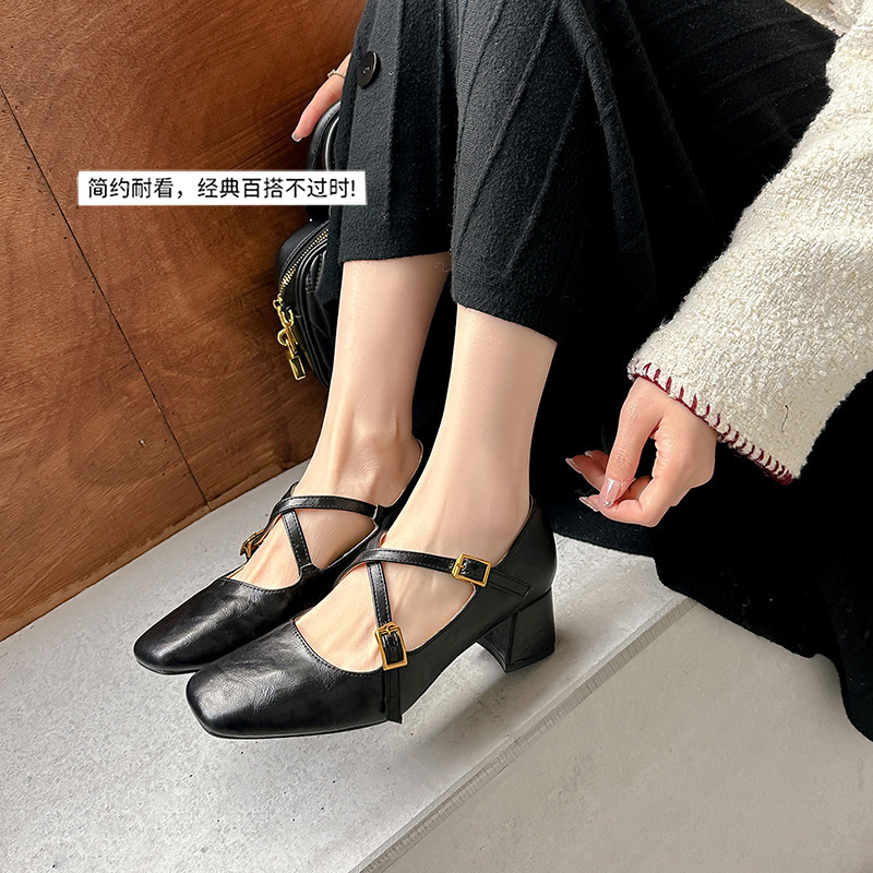 Cowhide Version 2026 Spring New Retro Square-Toe Chunky High-Heeled Shoes for Women with Shallow Cross Straps in Brown