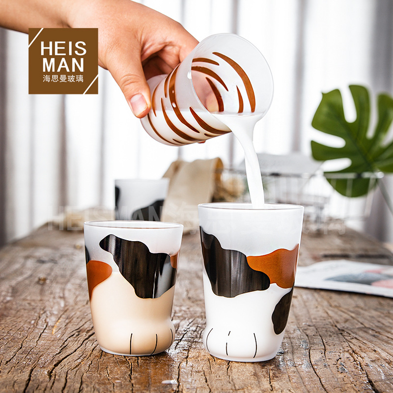 Taza de pie de gato de estilo japonés de vidrio animal creativo taza esmerilada lindo gato y perro de impresión de pie Desayuno Taza de Leche en stock