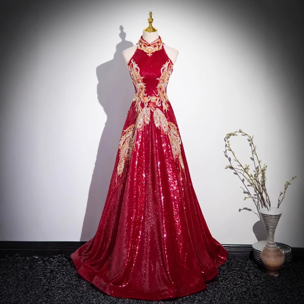 Burgundy Sequin Bridal Toast Dress with Embroidery, High-End Formal Dress, Halter Neck, Slim Fit, Evening Dress for Summer